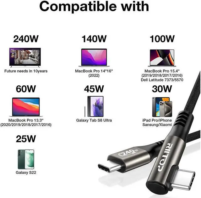 Alt view image 2 of 7 - RIITOP USB C Cable (2Pack), 240W 6.6 ft Braided USB C to USB C Cord, Type C Charger Fast Charging Cable for iPhone 15/15 Pro/15 Plus/15 Pro Max, MacBook Pro, iPad Pro, iPad Air 4, Galaxy S23, and More