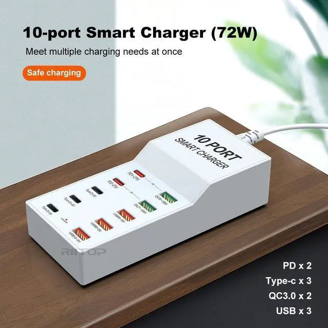 Alt view image 4 of 7 - USB Wall Charger Block, 72W 10-Ports Charging Station Multiple Desktop USB C Charger with Fast PD QC for iPhone 15/14/13/13pro max 12/12/12 Mini/12Pro/12Pro, Tablet PC, Smartphone (5*USB-C, 5*USB-A)