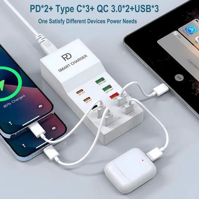 Alt view image 3 of 7 - USB Wall Charger Block, 72W 10-Ports Charging Station Multiple Desktop USB C Charger with Fast PD QC for iPhone 15/14/13/13pro max 12/12/12 Mini/12Pro/12Pro, Tablet PC, Smartphone (5*USB-C, 5*USB-A)