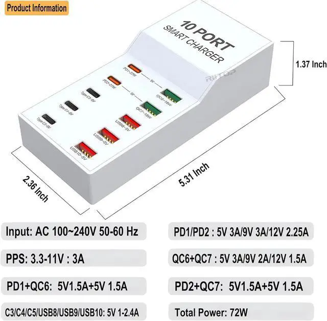 Alt view image 7 of 7 - USB Wall Charger Block, 72W 10-Ports Charging Station Multiple Desktop USB C Charger with Fast PD QC for iPhone 15/14/13/13pro max 12/12/12 Mini/12Pro/12Pro, Tablet PC, Smartphone (5*USB-C, 5*USB-A)