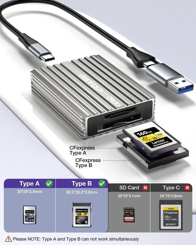 Alt view image 3 of 7 - RIITOP CFexpress Type B and A Card Reader with USB 3.2 Gen2 10Gbps, USB A/USB C CF Express Card Adapter Aluminum, Compatible with MacBook, Chromebook, Android Galaxy, Dell