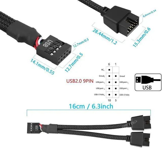 Alt view image 5 of 7 - USB 2.0 9Pin Female to Dual 9-Pin Male Extension Cable 2Pack,Motherboard 9-PIN USB2.0 Header Splitter Nylon Braided for Computer Internal Motherboard-Black