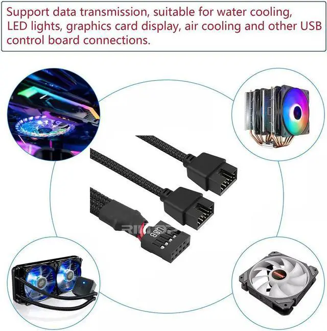 Alt view image 2 of 7 - USB 2.0 9Pin Female to Dual 9-Pin Male Extension Cable 2Pack,Motherboard 9-PIN USB2.0 Header Splitter Nylon Braided for Computer Internal Motherboard-Black
