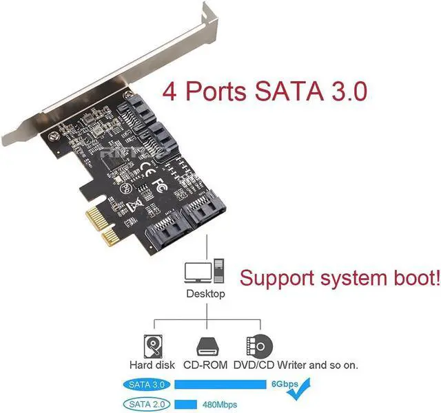Alt view image 3 of 6 - SATA Card 4 Port, PCIE 3.0 SATA 6G Controller Expansion Card with Low Profile Bracket, Non-Raid, Boot as System Disk, Support 4 SATA 3.0 Devices