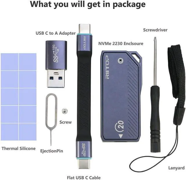 Alt view image 7 of 7 - RIITOP 2230 SSD Enclosure, M.2 NVMe SSD Enclosure, 20Gbps USB-C 3.2, Supports M.2 M Key & B+M Key Size 2230mm External SSD Drive Enclosure
