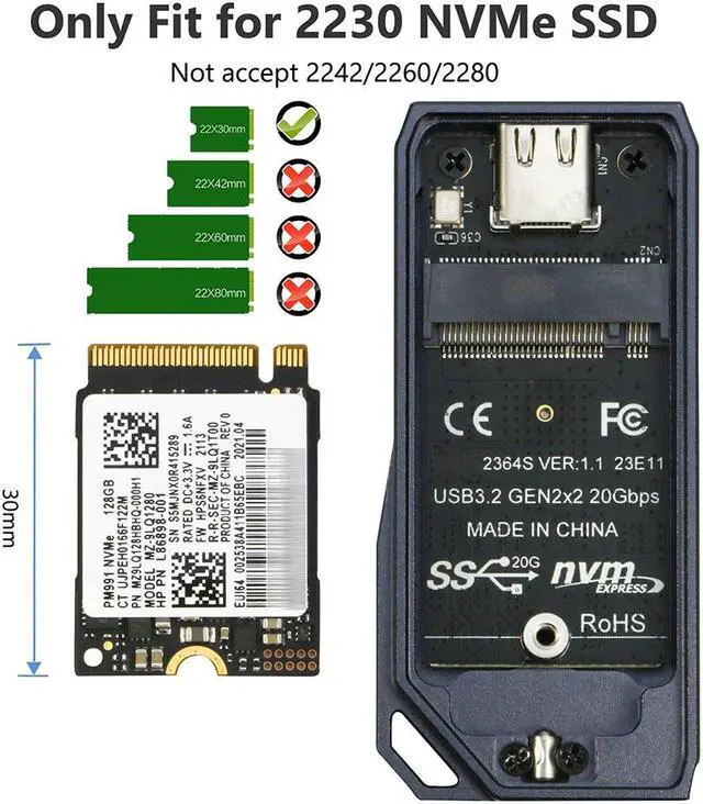 Alt view image 2 of 7 - RIITOP 2230 SSD Enclosure, M.2 NVMe SSD Enclosure, 20Gbps USB-C 3.2, Supports M.2 M Key & B+M Key Size 2230mm External SSD Drive Enclosure