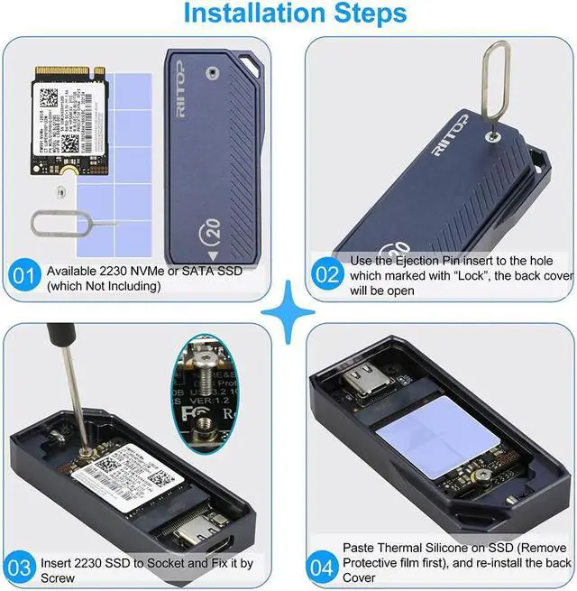 Alt view image 6 of 7 - RIITOP 2230 SSD Enclosure, M.2 NVMe SSD Enclosure, 20Gbps USB-C 3.2, Supports M.2 M Key & B+M Key Size 2230mm External SSD Drive Enclosure