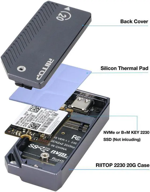 Alt view image 4 of 7 - RIITOP 2230 SSD Enclosure, M.2 NVMe SSD Enclosure, 20Gbps USB-C 3.2, Supports M.2 M Key & B+M Key Size 2230mm External SSD Drive Enclosure