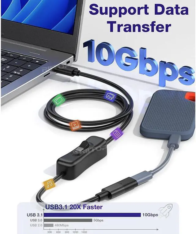 Alt view image 2 of 7 - RIITOP USB C ON Off Cable [3.3FT], USB 3.1 Type-C Male to Female Extension Cable with ON/Off Switch Support Video/Data/PD Charging