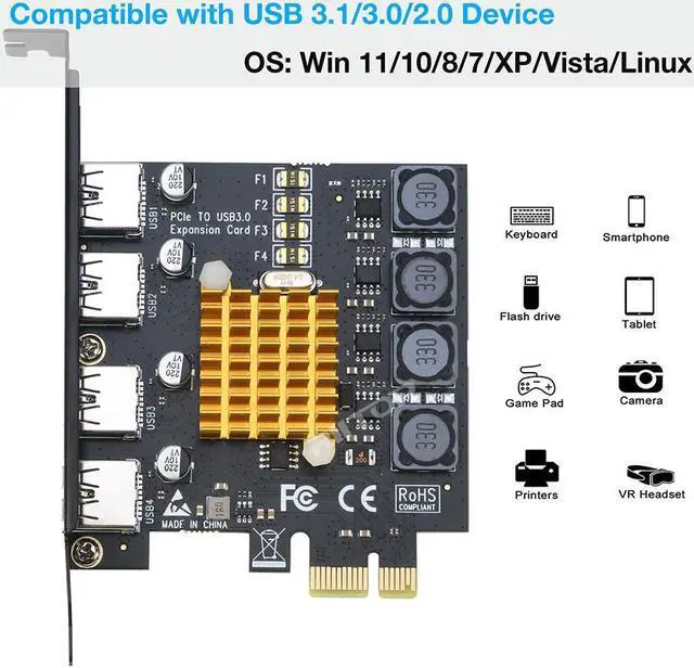 Alt view image 4 of 7 - RIITOP USB 3.0 PCIe Card 4-Port PCI Express x1 to USB 3.0 Expansion Adapter Internal USB3 HUB on PC for Win 11/10 (No Additional Power Required)
