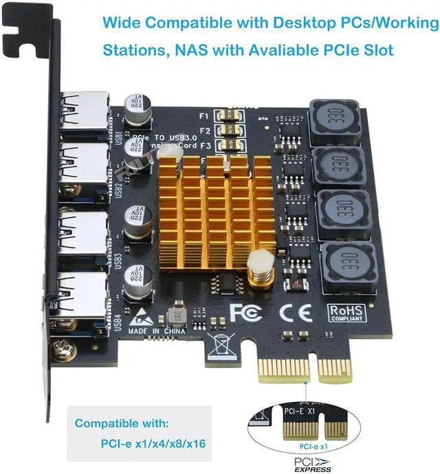 Alt view image 3 of 7 - RIITOP USB 3.0 PCIe Card 4-Port PCI Express x1 to USB 3.0 Expansion Adapter Internal USB3 HUB on PC for Win 11/10 (No Additional Power Required)