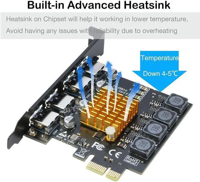 Alt view image 5 of 7 - RIITOP USB 3.0 PCIe Card 4-Port PCI Express x1 to USB 3.0 Expansion Adapter Internal USB3 HUB on PC for Win 11/10 (No Additional Power Required)