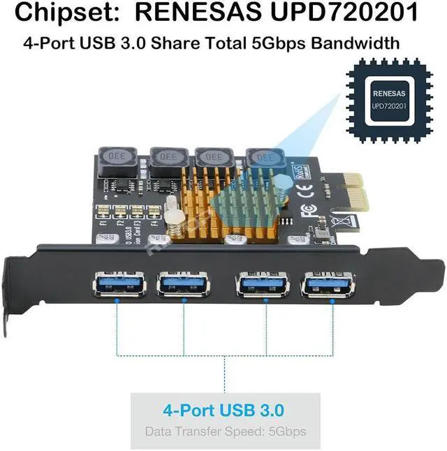 Alt view image 2 of 7 - RIITOP USB 3.0 PCIe Card 4-Port PCI Express x1 to USB 3.0 Expansion Adapter Internal USB3 HUB on PC for Win 11/10 (No Additional Power Required)