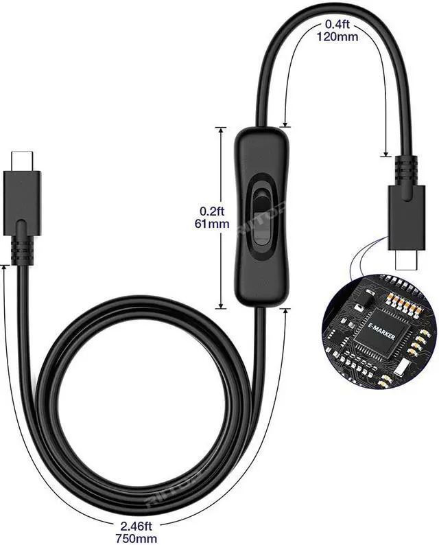 Alt view image 6 of 7 - RIITOP USB Type-C On Off Switch Cable 3.3ft, USB 3.1 C to C Cable, Male to Male, with Switch Button Support Video Streaming, Data Transfer 10Gb and 20V/3A PD Fast Charging