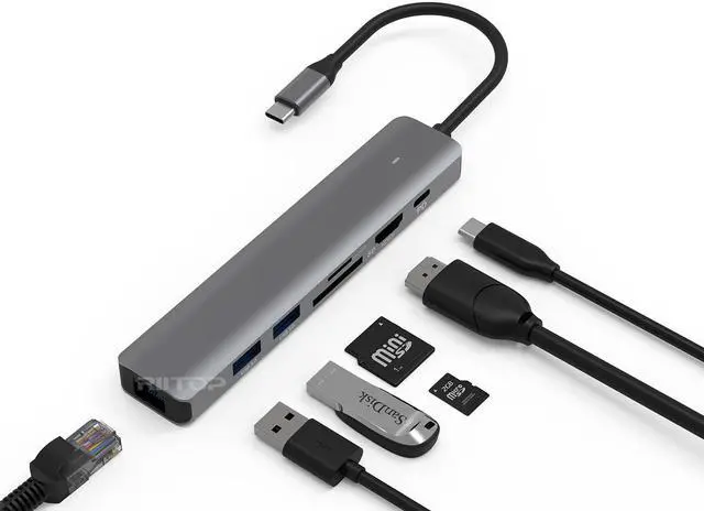Main image of RIITOP USB-C MULTIMEDIA HUB Docking: 2x USB 3.0, HDMI 4K, PD Charger 100W, SD TF Card reader, 1000Mbps LAN Port RJ45