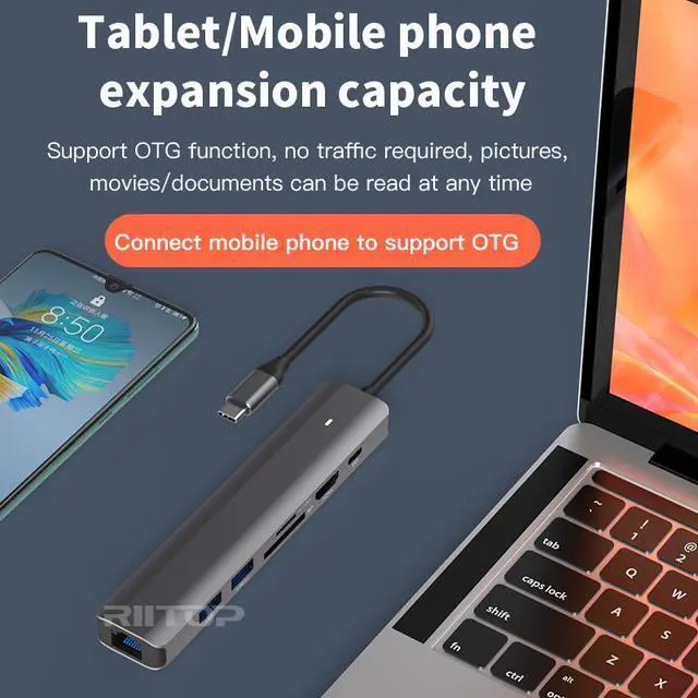 Alt view image 4 of 7 - RIITOP USB-C MULTIMEDIA HUB Docking: 2x USB 3.0, HDMI 4K, PD Charger 100W, SD TF Card reader, 1000Mbps LAN Port RJ45