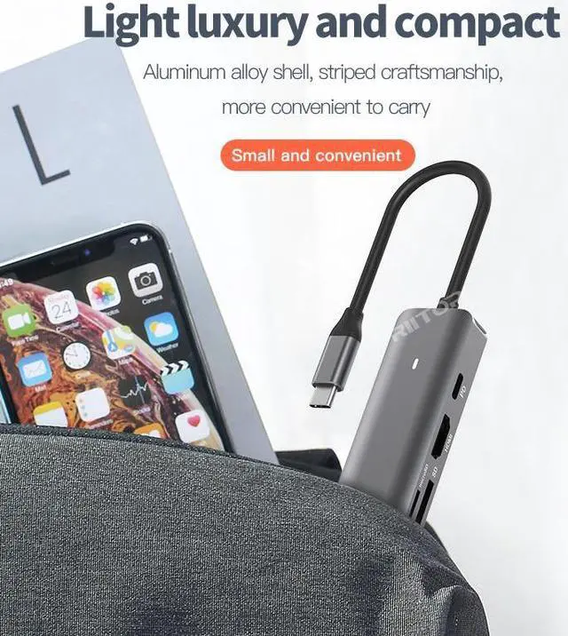 Alt view image 6 of 7 - RIITOP USB-C MULTIMEDIA HUB Docking: 2x USB 3.0, HDMI 4K, PD Charger 100W, SD TF Card reader, 1000Mbps LAN Port RJ45