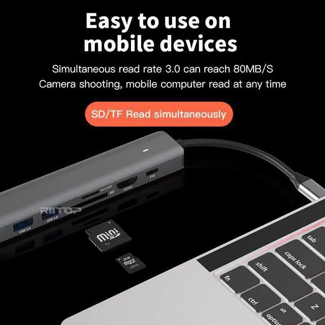 Alt view image 3 of 7 - RIITOP USB-C MULTIMEDIA HUB Docking: 2x USB 3.0, HDMI 4K, PD Charger 100W, SD TF Card reader, 1000Mbps LAN Port RJ45