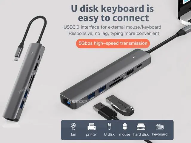 Alt view image 5 of 7 - RIITOP USB-C MULTIMEDIA HUB Docking: 2x USB 3.0, HDMI 4K, PD Charger 100W, SD TF Card reader, 1000Mbps LAN Port RJ45