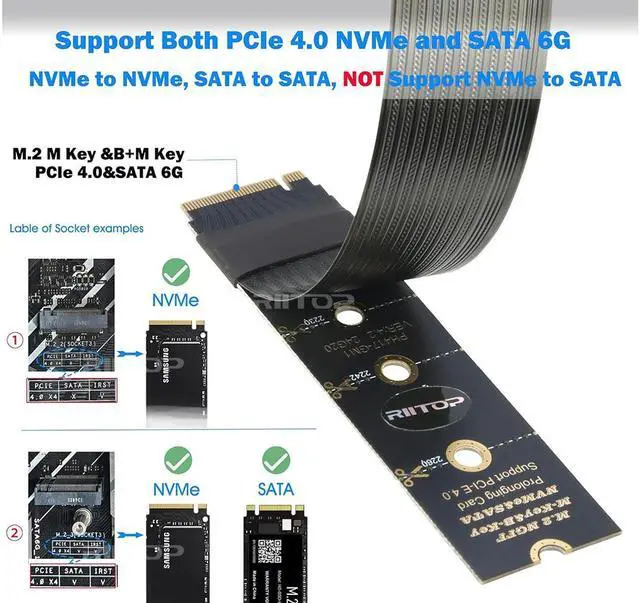 Alt view image 4 of 7 - RIITOP M.2 NVMe Extension Cable, NVMe Extender for Both M Key and B+M Key SSD in Size 2280/2260/2242/2230 Support PCIe 4.0 and SATA 6Gbps(1FT)