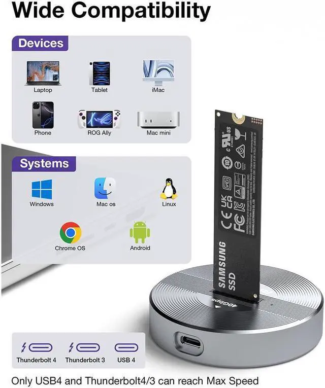 Alt view image 5 of 7 - 40Gbps NVMe Docking Station, RIITOP M.2 NVMe to USB4 Enclosure for NVMe PCIe (M-Key) SSD Work on M1 M2 Mini Compatible with Thunderbolt 3/4 [40Gbps]