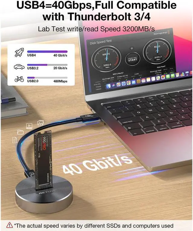 Alt view image 2 of 7 - 40Gbps NVMe Docking Station, RIITOP M.2 NVMe to USB4 Enclosure for NVMe PCIe (M-Key) SSD Work on M1 M2 Mini Compatible with Thunderbolt 3/4 [40Gbps]