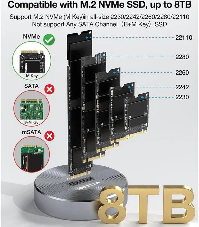 Alt view image 3 of 7 - 40Gbps NVMe Docking Station, RIITOP M.2 NVMe to USB4 Enclosure for NVMe PCIe (M-Key) SSD Work on M1 M2 Mini Compatible with Thunderbolt 3/4 [40Gbps]