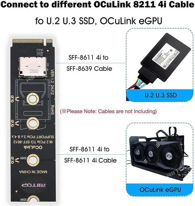 Alt view image 4 of 7 - NVMe to Oculink SFF-8612 Adapter, RIITOP M.2 NVMe PCIe 4.0 x4 to OCuLink SFF-8611 4i Host Adapter for eGPU and SSD