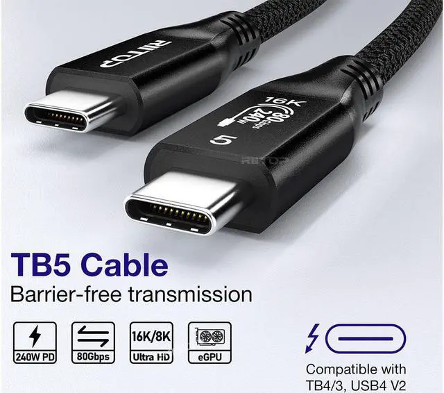 Alt view image 2 of 7 - RIITOP 80Gbps Thunderbolt 5 Cable up to 120Gbps Bandwidth and 240W Charging in Black - 0.3m / 1ft, Compatible with Thunderbolt 4, USB4, Thunderbolt 3 and USB-C