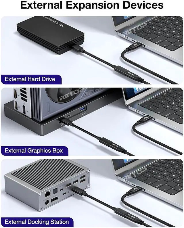 Alt view image 4 of 7 - RIITOP Braided Thunderbolt 5 Extension Cable 80Gbps Data Transfer Speed, 240W Charging and 16K/ 8K Display, Compatible Thunderbolt 4/3 and USB4 USB-C 3.2/3.1 Devices, Black (1.64 ft)