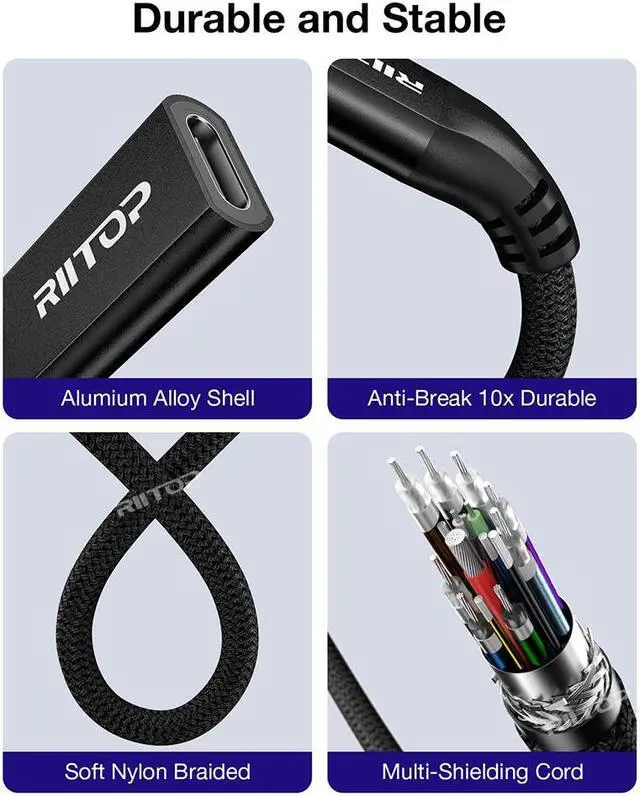 Alt view image 7 of 7 - RIITOP Braided Thunderbolt 5 Extension Cable 80Gbps Data Transfer Speed, 240W Charging and 16K/ 8K Display, Compatible Thunderbolt 4/3 and USB4 USB-C 3.2/3.1 Devices, Black (1.64 ft)