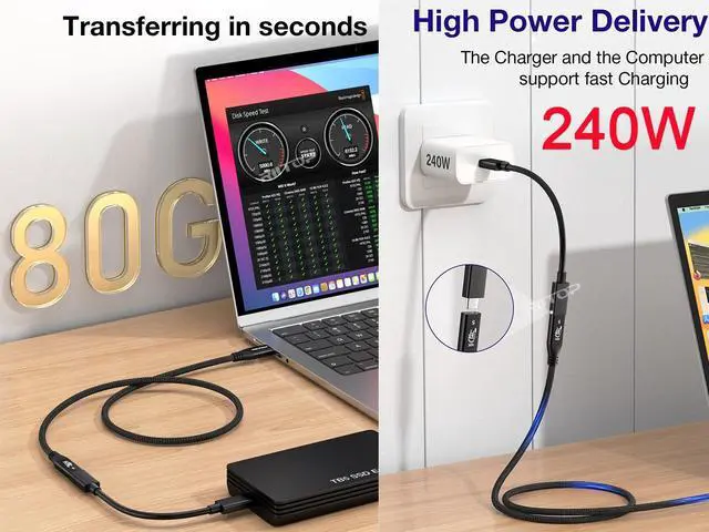 Alt view image 2 of 7 - RIITOP Braided Thunderbolt 5 Extension Cable 80Gbps Data Transfer Speed, 240W Charging and 16K/ 8K Display, Compatible Thunderbolt 4/3 and USB4 USB-C 3.2/3.1 Devices, Black (1.64 ft)