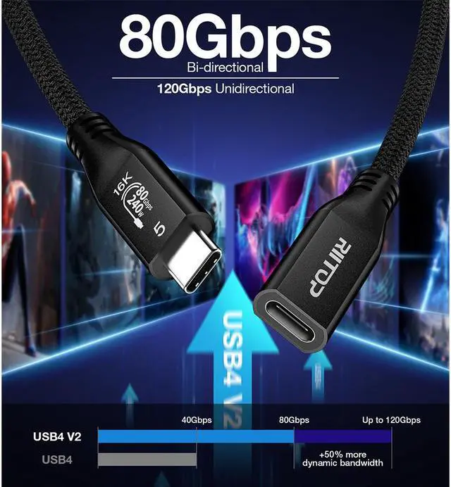 Alt view image 6 of 7 - RIITOP Braided Thunderbolt 5 Extension Cable 80Gbps Data Transfer Speed, 240W Charging and 16K/ 8K Display, Compatible Thunderbolt 4/3 and USB4 USB-C 3.2/3.1 Devices, Black (1.64 ft)