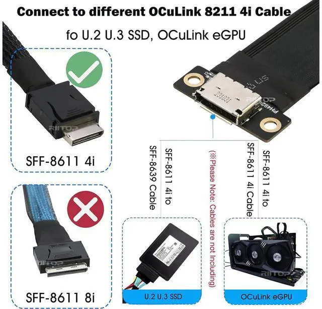 Alt view image 5 of 6 - RIITOP M.2 NVMe to Oculink SFF-8612 Extender (15cm), M.2 NVMe PCIe 4.0 x4 to OCuLink SFF-8611 4i Host Adapter for eGPU and SSD
