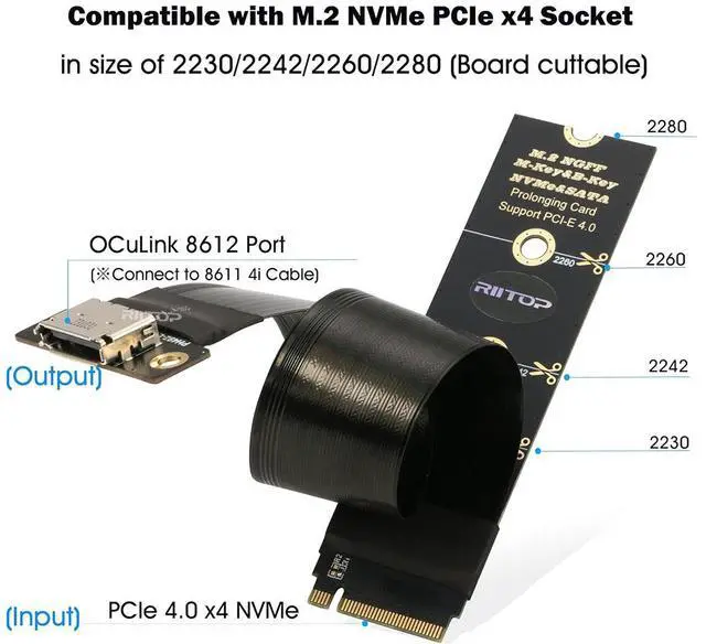 Alt view image 2 of 6 - RIITOP M.2 NVMe to Oculink SFF-8612 Extender (15cm), M.2 NVMe PCIe 4.0 x4 to OCuLink SFF-8611 4i Host Adapter for eGPU and SSD