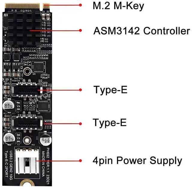Alt view image 5 of 7 - Dual Port 10Gbps Type-E USB 3.1 Front Panel Socket to NVME M-Key M.2 Express Card Adapter for Motherboard, RIITOP Type-E to NVMe Adapter 10Gbps