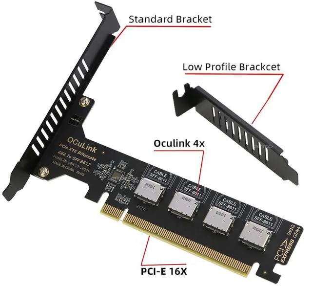 Alt view image 7 of 7 - PCIE Oculink Adapter Card, RIITOP PCI-e Express 16x to Quad OCuLink SFF-8612 SFF-8611 Internal VROC Raid0 Adapter for U.2 SSD eGPU External Graphics Card Dock