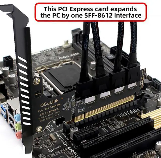 Alt view image 3 of 7 - PCIE Oculink Adapter Card, RIITOP PCI-e Express 16x to Quad OCuLink SFF-8612 SFF-8611 Internal VROC Raid0 Adapter for U.2 SSD eGPU External Graphics Card Dock