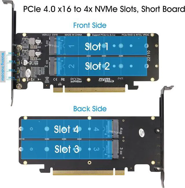 Alt view image 2 of 6 - RIITOP Quad M.2 NVMe to PCIe 4.0 X16 Adapter Without PCIe Bifurcation Function, Support 22110/2280/2260/2242/2230 Size (PCIe Bifurcation Motherboard is Required)