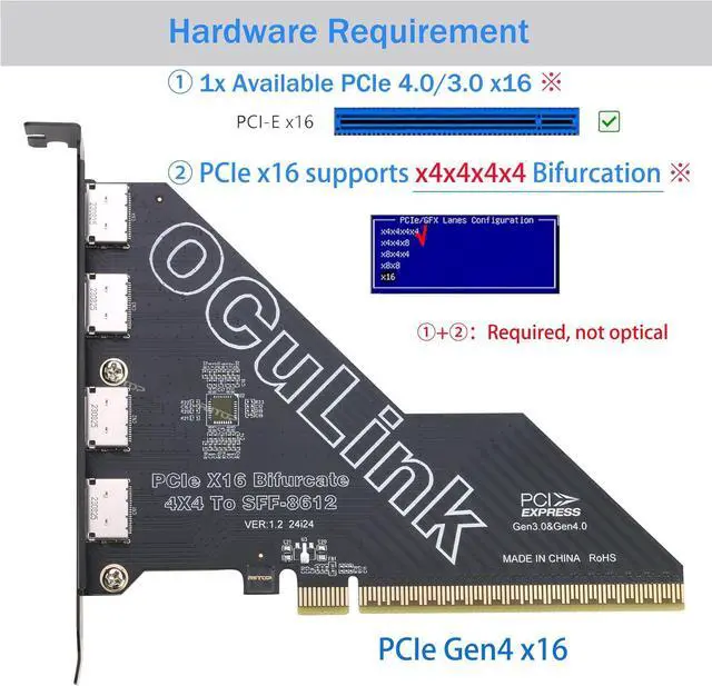 Alt view image 2 of 7 - PCIe to Oculink SFF-8612 Adapter SFF-8611 External Graphics Card for GPU Dock, eGPU, NVMe SSD (PCIe x16 to Oculink) 4 Ports (PCI-e x4x4x4x4 Bifurcation Required)