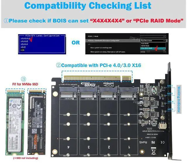 Alt view image 3 of 7 - Quad NVMe to PCIe Adapter (PCIe Bifurcation Motherboard is Required), RIITOP 4-Port NVMe to PCI-e 4.0/3.0 x16 Expand Controller Card with Heatsink, Support 2280/2260/2242/2230 size NVMe M-Key SSD