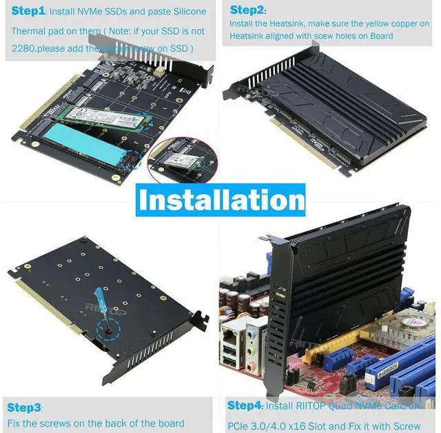 Alt view image 4 of 7 - Quad NVMe to PCIe Adapter (PCIe Bifurcation Motherboard is Required), RIITOP 4-Port NVMe to PCI-e 4.0/3.0 x16 Expand Controller Card with Heatsink, Support 2280/2260/2242/2230 size NVMe M-Key SSD