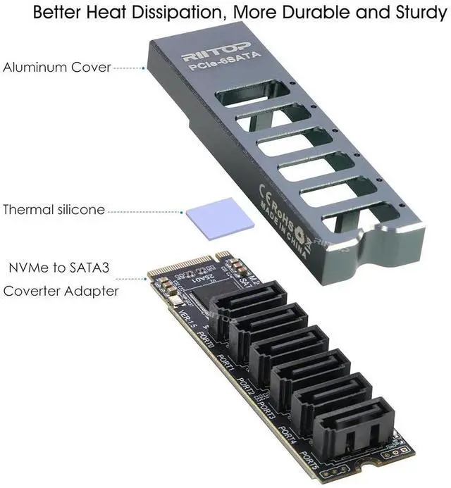 Alt view image 3 of 7 - M.2 to SATA Adapter [6-Port], RIITOP M2 NVMe to SATA 3.0 Card with ASM1166 Chipset for SSD/HDD up to 6Gbps, Come with Heatsink