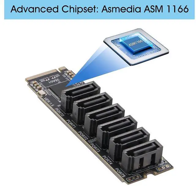 Alt view image 5 of 7 - M.2 to SATA Adapter [6-Port], RIITOP M2 NVMe to SATA 3.0 Card with ASM1166 Chipset for SSD/HDD up to 6Gbps, Come with Heatsink