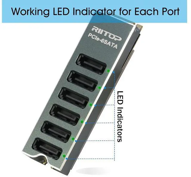 Alt view image 4 of 7 - M.2 to SATA Adapter [6-Port], RIITOP M2 NVMe to SATA 3.0 Card with ASM1166 Chipset for SSD/HDD up to 6Gbps, Come with Heatsink