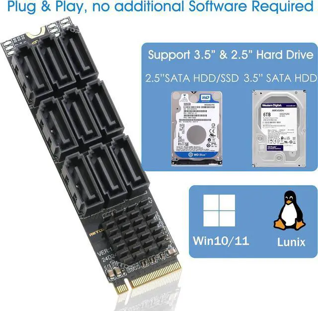 Alt view image 4 of 7 - M.2 to SATA Adapter [9-Port], RIITOP M.2 NVMe to SATA III 6Gbps Card for HDD SSD