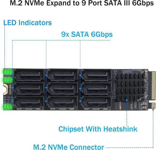Alt view image 2 of 7 - M.2 to SATA Adapter [9-Port], RIITOP M.2 NVMe to SATA III 6Gbps Card for HDD SSD