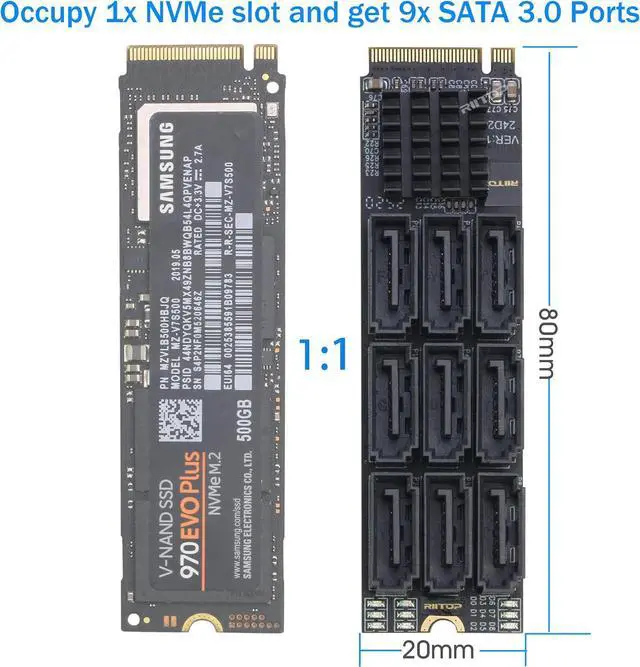 Alt view image 3 of 7 - M.2 to SATA Adapter [9-Port], RIITOP M.2 NVMe to SATA III 6Gbps Card for HDD SSD