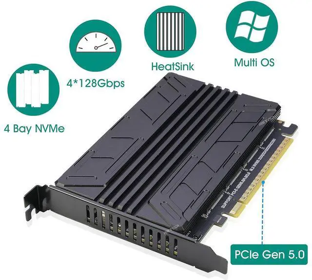 Alt view image 2 of 6 - Quad NVMe PCIe 5.0 Adapter with Heatsink, RIITOP PCIe 5.0 x16 to 4X NVMe Card for 2280/2260/2242/2230 M.2 (M Key) SSD (PCI-e Bifurcation Required)