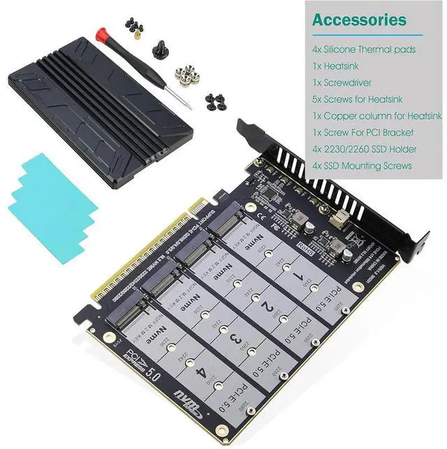 Alt view image 5 of 6 - Quad NVMe PCIe 5.0 Adapter with Heatsink, RIITOP PCIe 5.0 x16 to 4X NVMe Card for 2280/2260/2242/2230 M.2 (M Key) SSD (PCI-e Bifurcation Required)